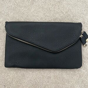 Black Clutch Bag with gold cross body chain.